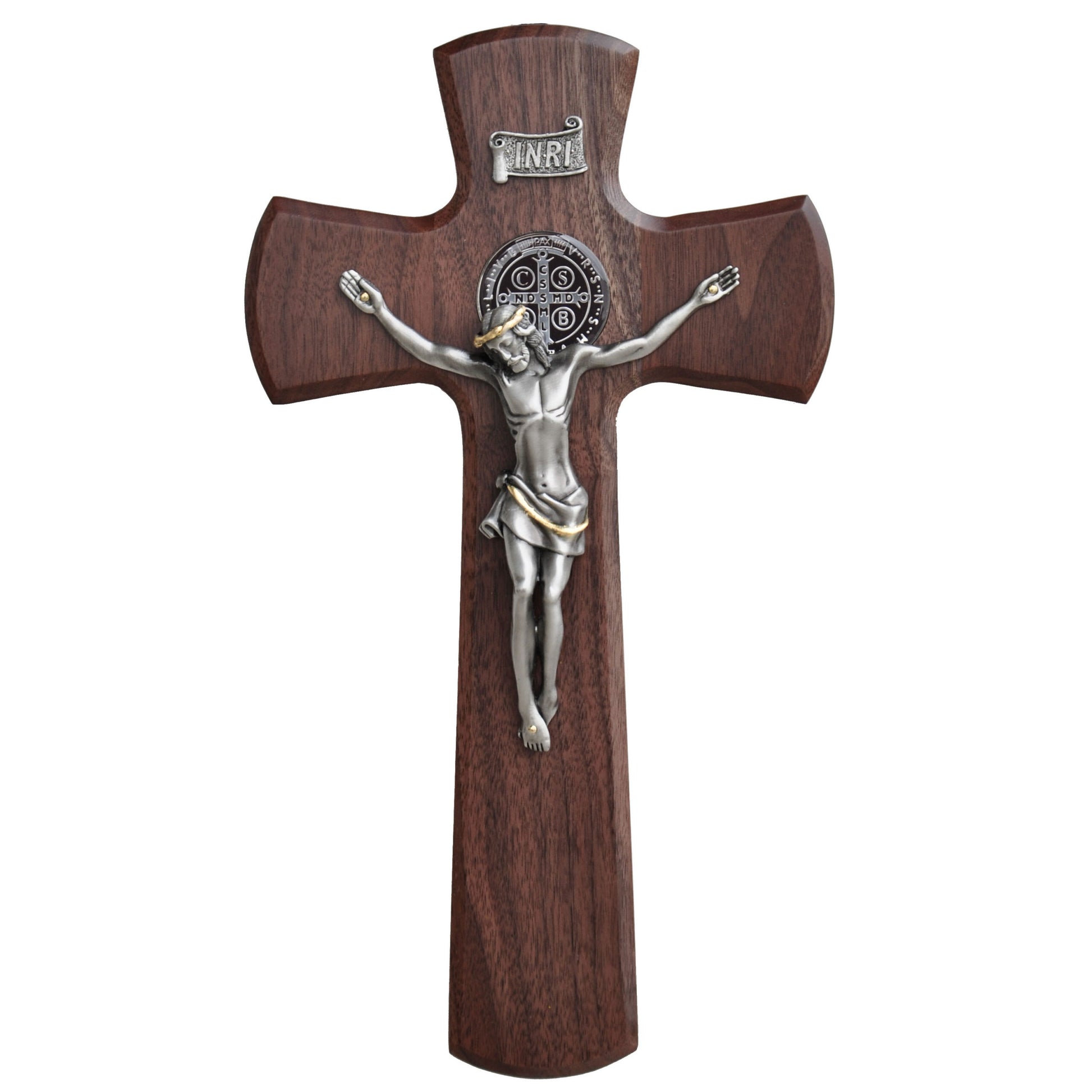 St. Benedict Bronze Medal Crucifix 13" Silver - Unique Catholic Gifts