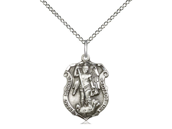 Sterling Silver St. Michael the Archangel Police Badge Medal 5/8" with 18" chain - Unique Catholic Gifts