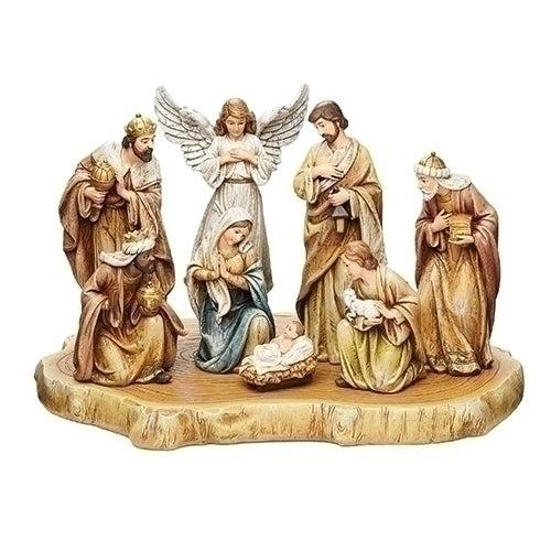 17"H 9PC ST NATIVITY ON WOOD SLAB BASE (FAUX WOOD) - Unique Catholic Gifts