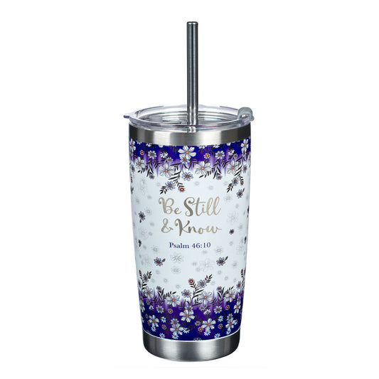 Be Still & Know Stainless Steel Travel Floral Mug with Stainless Steel Straw - Psalm 46:10 - Unique Catholic Gifts