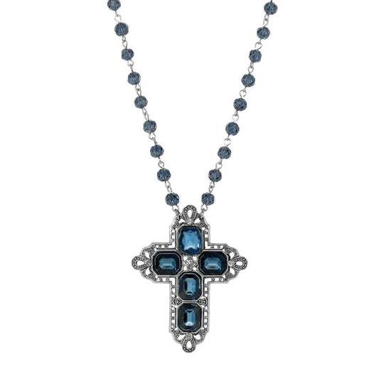 Women's Antique Pewter Rectangle Sapphire Beaded Cross Necklace