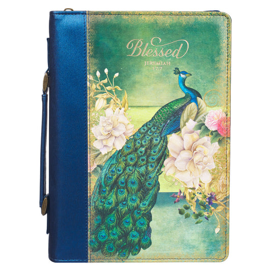 "Blessed" Peacock Bible Cover - Jeremiah 17:7 Medium - Unique Catholic Gifts