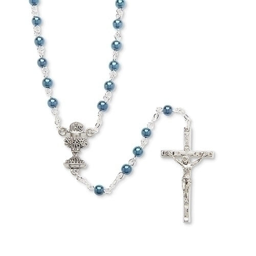 Silver-tone Blue Glass Bead Communion Boxed Rosary