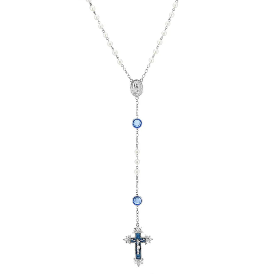 Channel Crystal Faux Pearl and Blue Hand Enamel Rosary