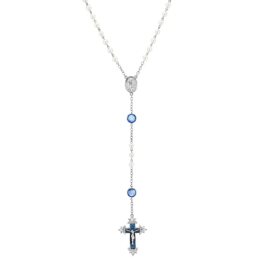 Channel Crystal Faux Pearl and Blue Hand Enamel Rosary