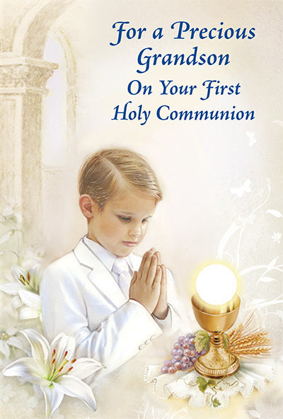 For a Precious Grandson on Your Holy First Communion Greeting Card - Unique Catholic Gifts