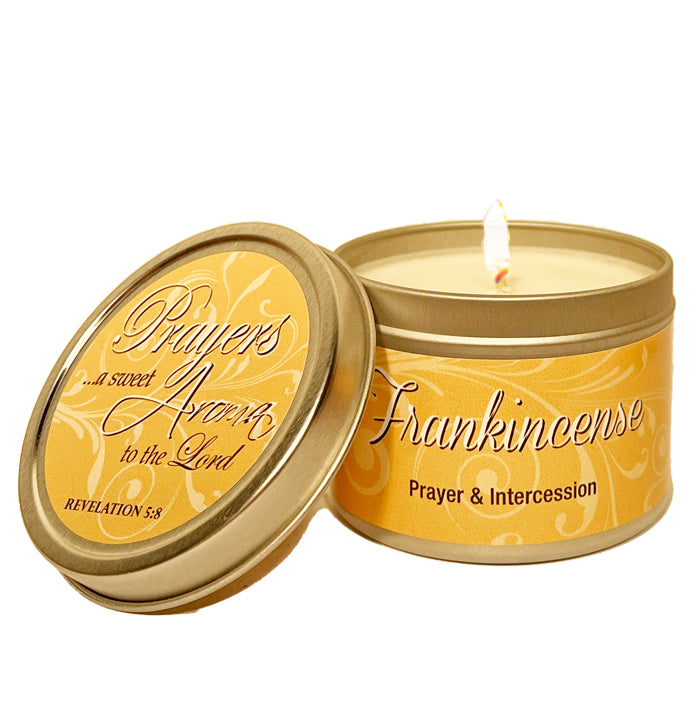 Frankincense Candle in Scripture Tin "Prayers a Sweet Aroma" - Unique Catholic Gifts