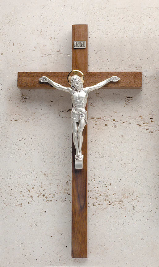 Genuine Walnut and Silver plated  Crucifix 12" - Unique Catholic Gifts