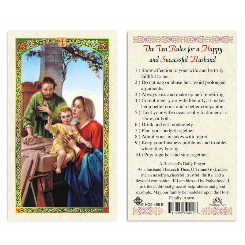 Holy Family - Ten Rules for a Happy & Successful Husbands Laminated Holy Card (Plastic Covered) - Unique Catholic Gifts