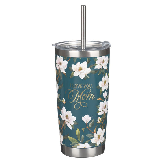 I Love You, Mom Blush Magnolia Stainless Steel Travel Tumbler with Reusable Straw