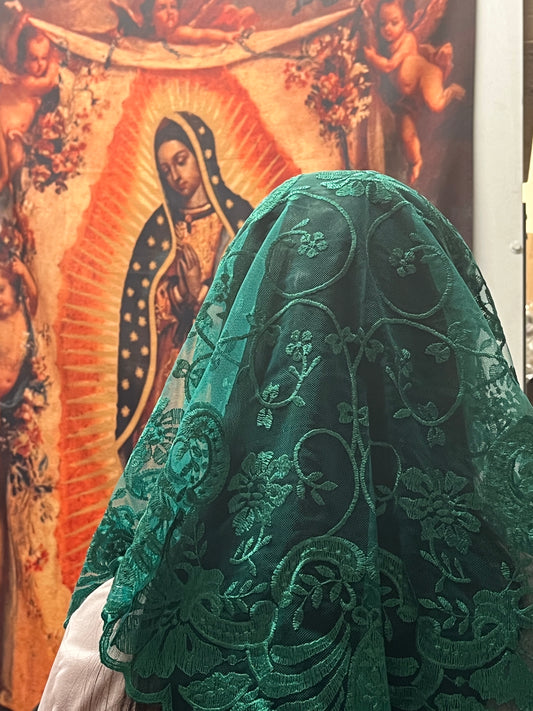 Jade Green Jacinta Lace Mantilla Chapel Spanish Veil 51" - Unique Catholic Gifts