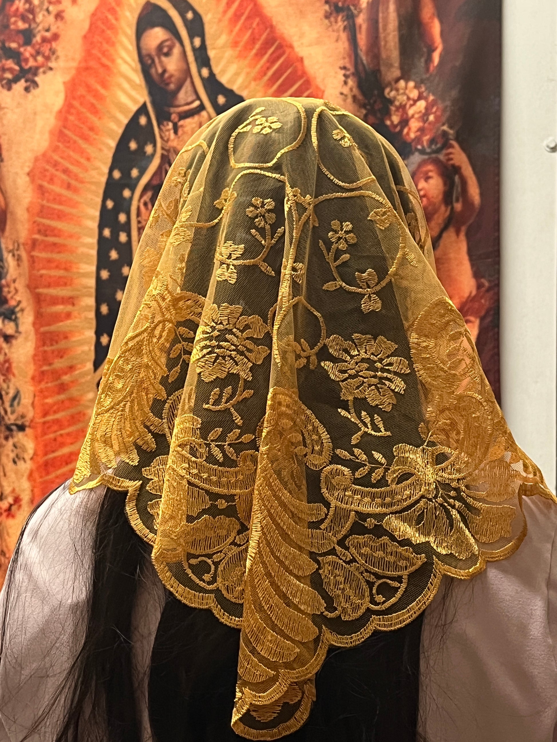 Mustard Jacinta Lace Mantilla Chapel Spanish Veil 51" - Unique Catholic Gifts