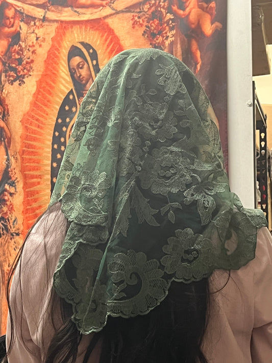 Military Green Olivia Lace Mantilla Chapel Spanish Veil 51" - Unique Catholic Gifts