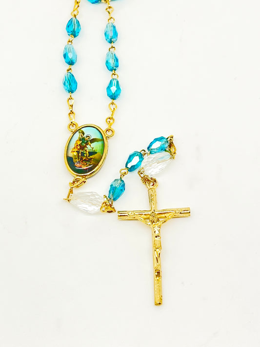 St. Michael Chaplet Gold with Aqua Blue Crystal Beads - Unique Catholic Gifts