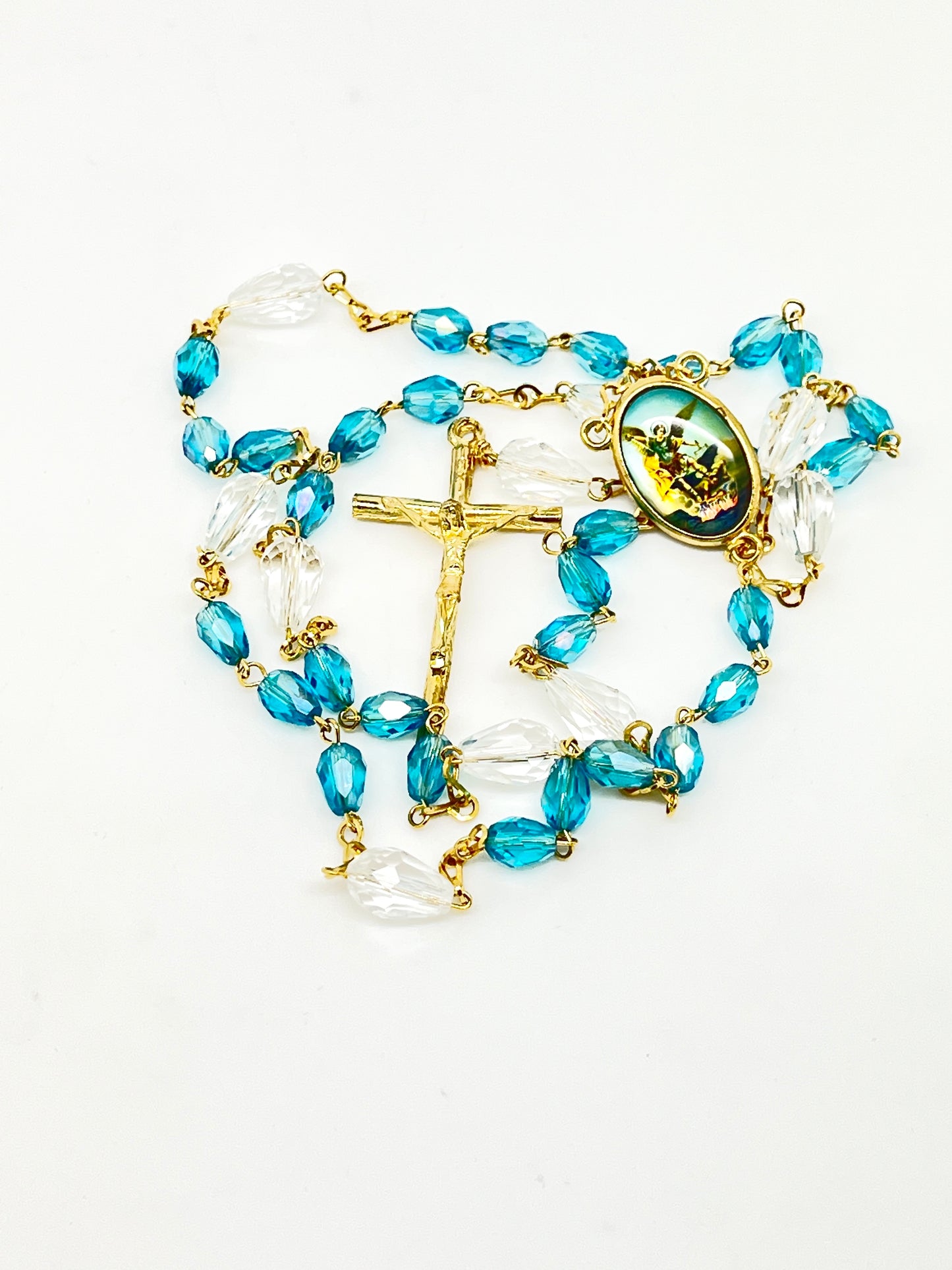 St. Michael Chaplet Gold with Aqua Blue Crystal Beads - Unique Catholic Gifts