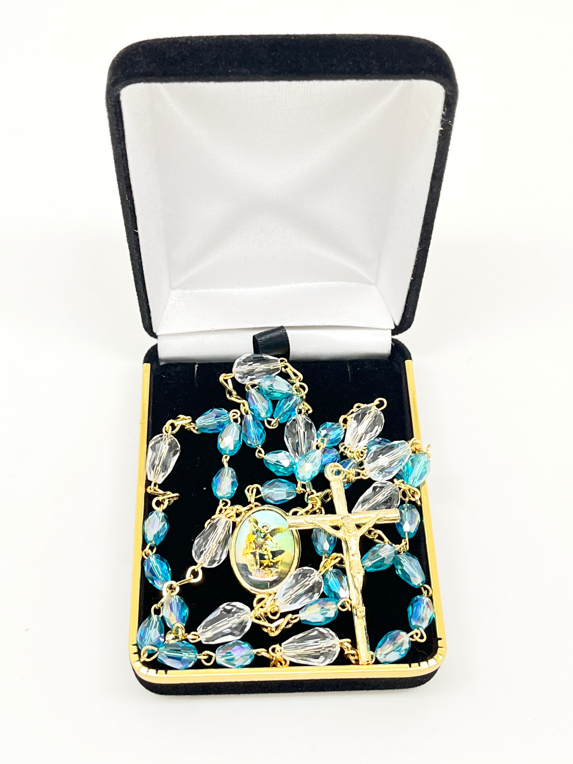 St. Michael Chaplet Gold with Aqua Blue Crystal Beads - Unique Catholic Gifts