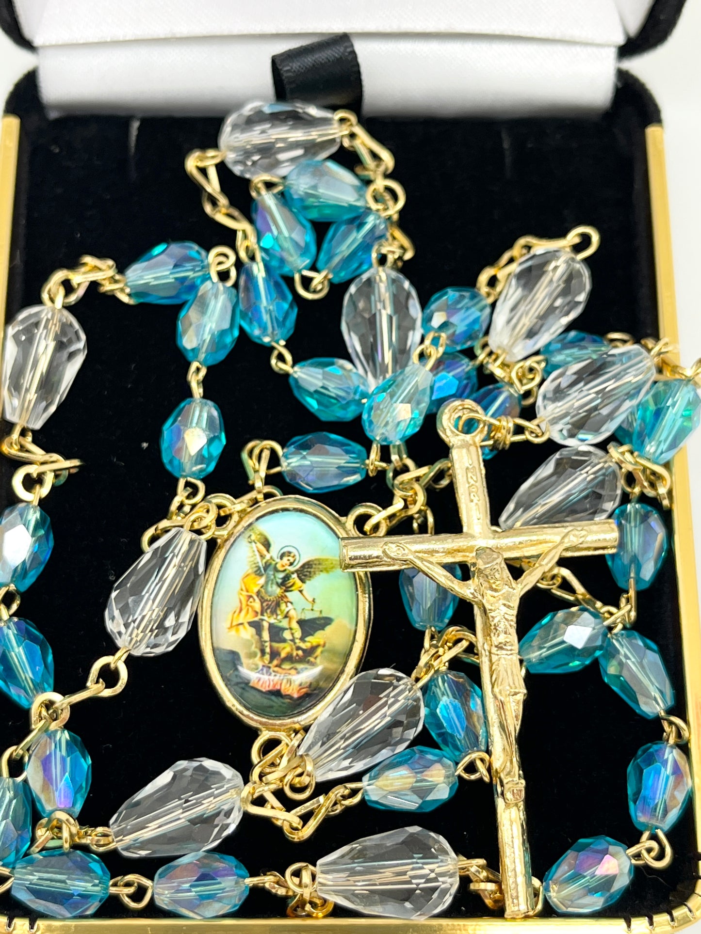 St. Michael Chaplet Gold with Aqua Blue Crystal Beads - Unique Catholic Gifts