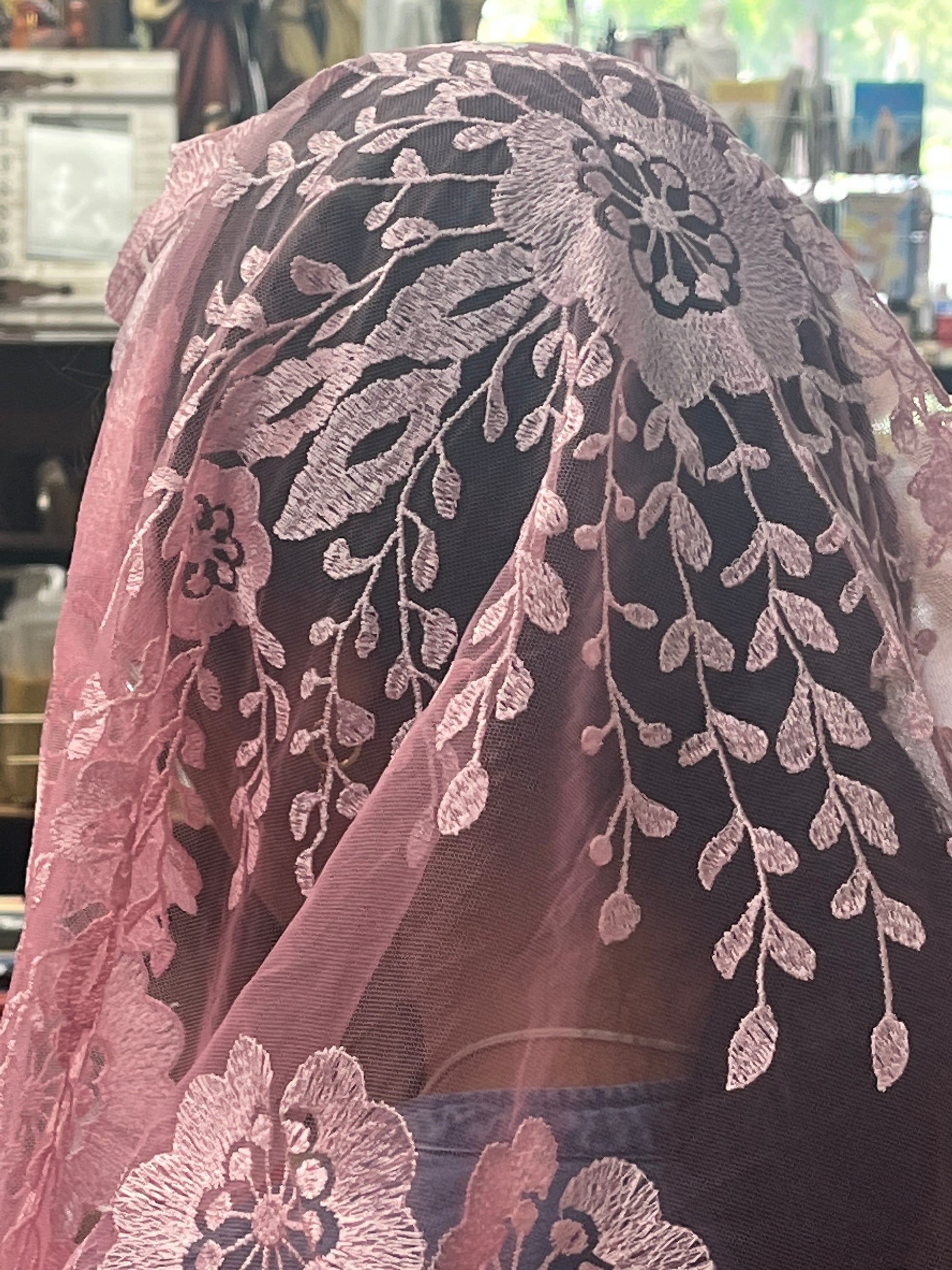 Pink Elaina Lace Mantilla Chapel Spanish Veil 51" - Unique Catholic Gifts