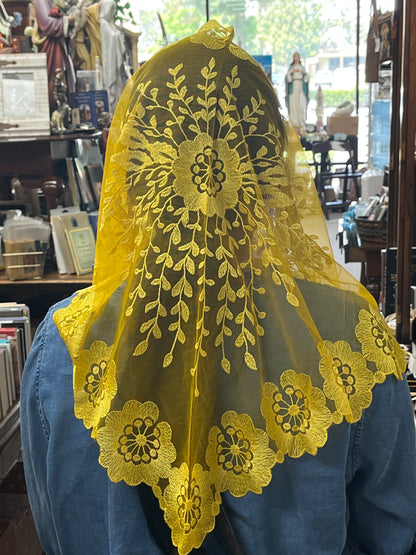 Yellow Elaina Lace Mantilla Chapel Spanish Veil 51" - Unique Catholic Gifts