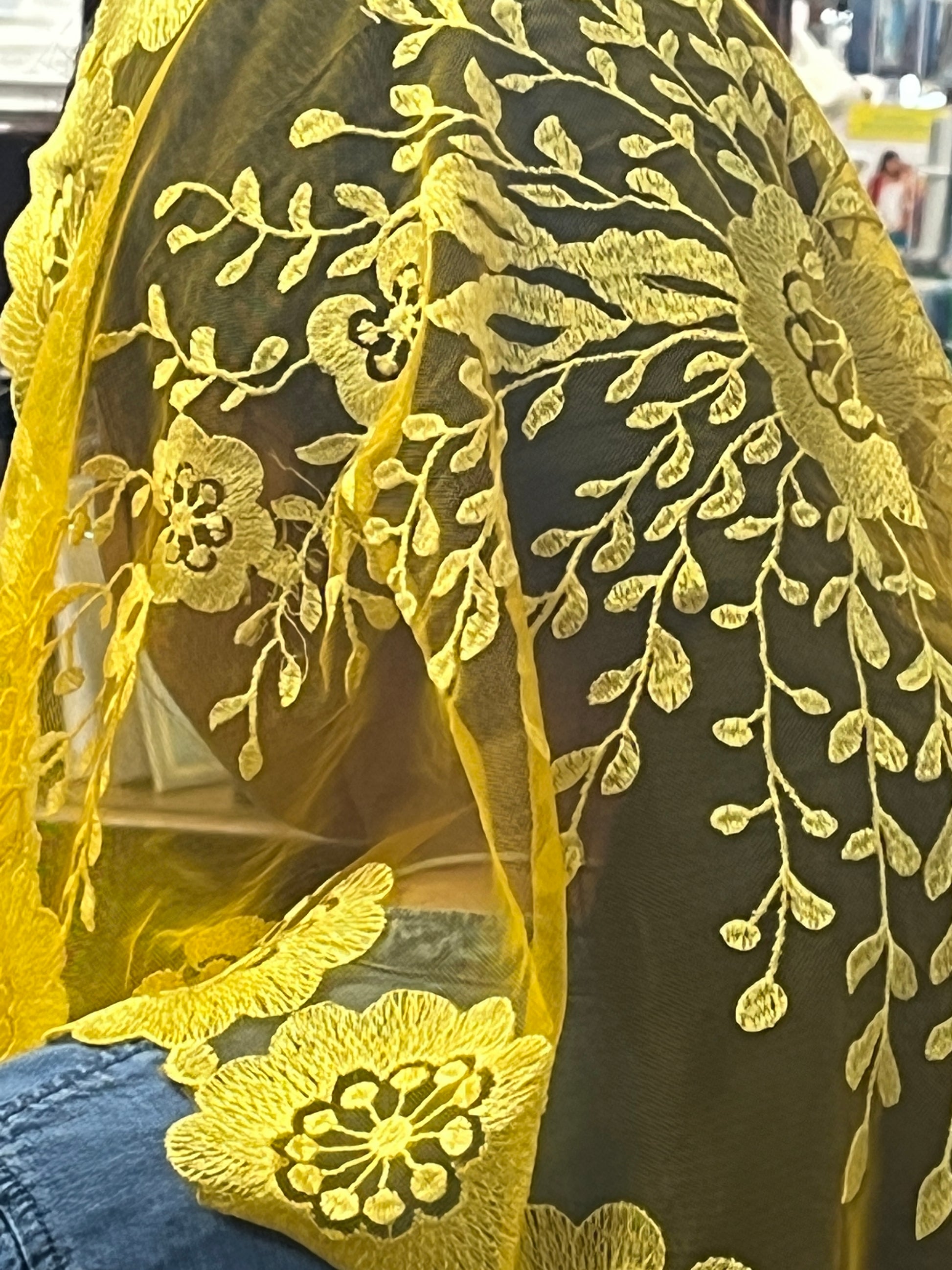 Yellow Elaina Lace Mantilla Chapel Spanish Veil 51" - Unique Catholic Gifts