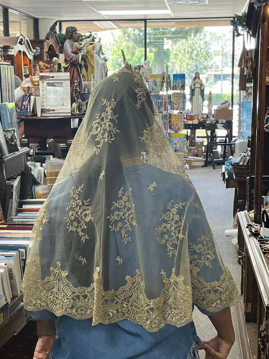 Gold Half Circle Lace Mantilla Ella Chapel Spanish Veil 61" - Unique Catholic Gifts