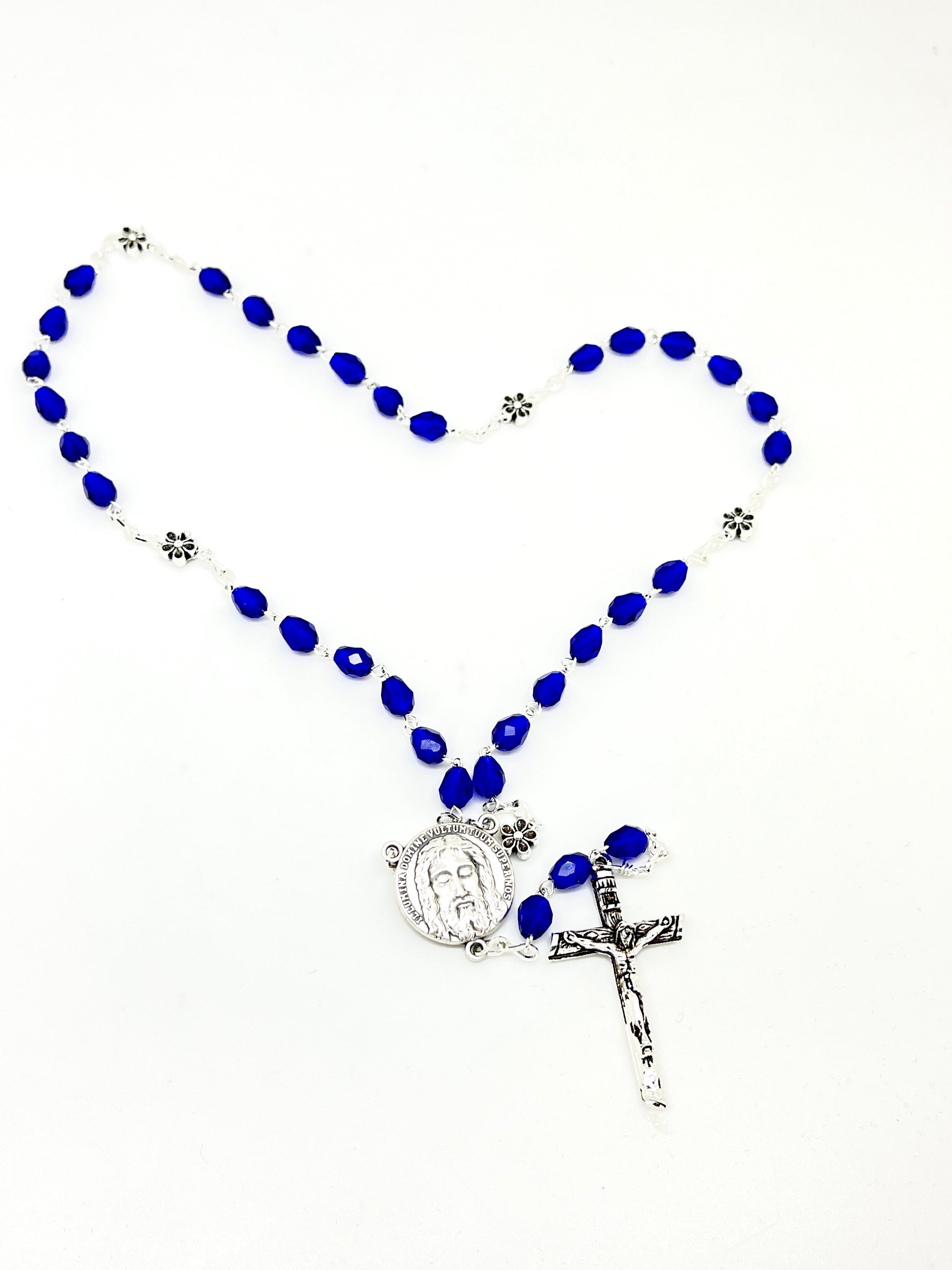 Blue Holy Face Crystal Chaplet Beads and Prayers ( No Box ) - Unique Catholic Gifts