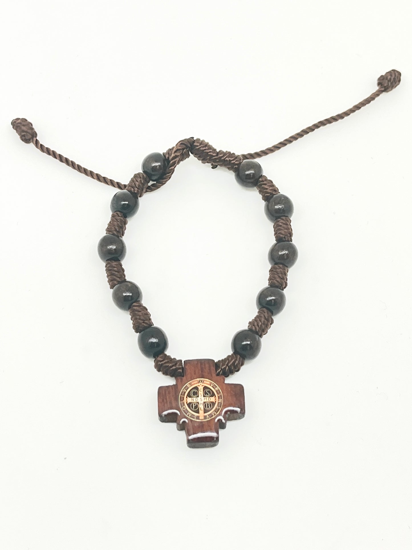 Saint Benedict Cross Brown Cord and Wood Sliding Bracelet - Unique Catholic Gifts