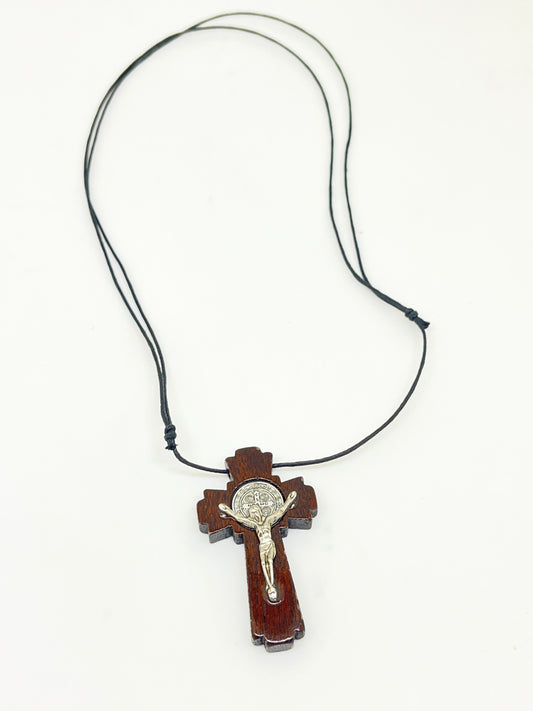 Wood Benedictine Crucifix Necklace 1 3/4" - Unique Catholic Gifts