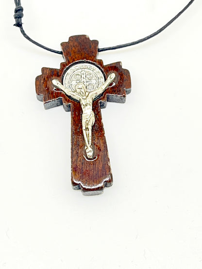 Wood Benedictine Crucifix Necklace 1 3/4" - Unique Catholic Gifts