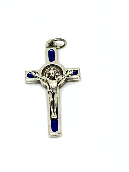 Saint Benedict Silver Tone and Blue Enamel Crucifix medal 1 1/2" - Unique Catholic Gifts