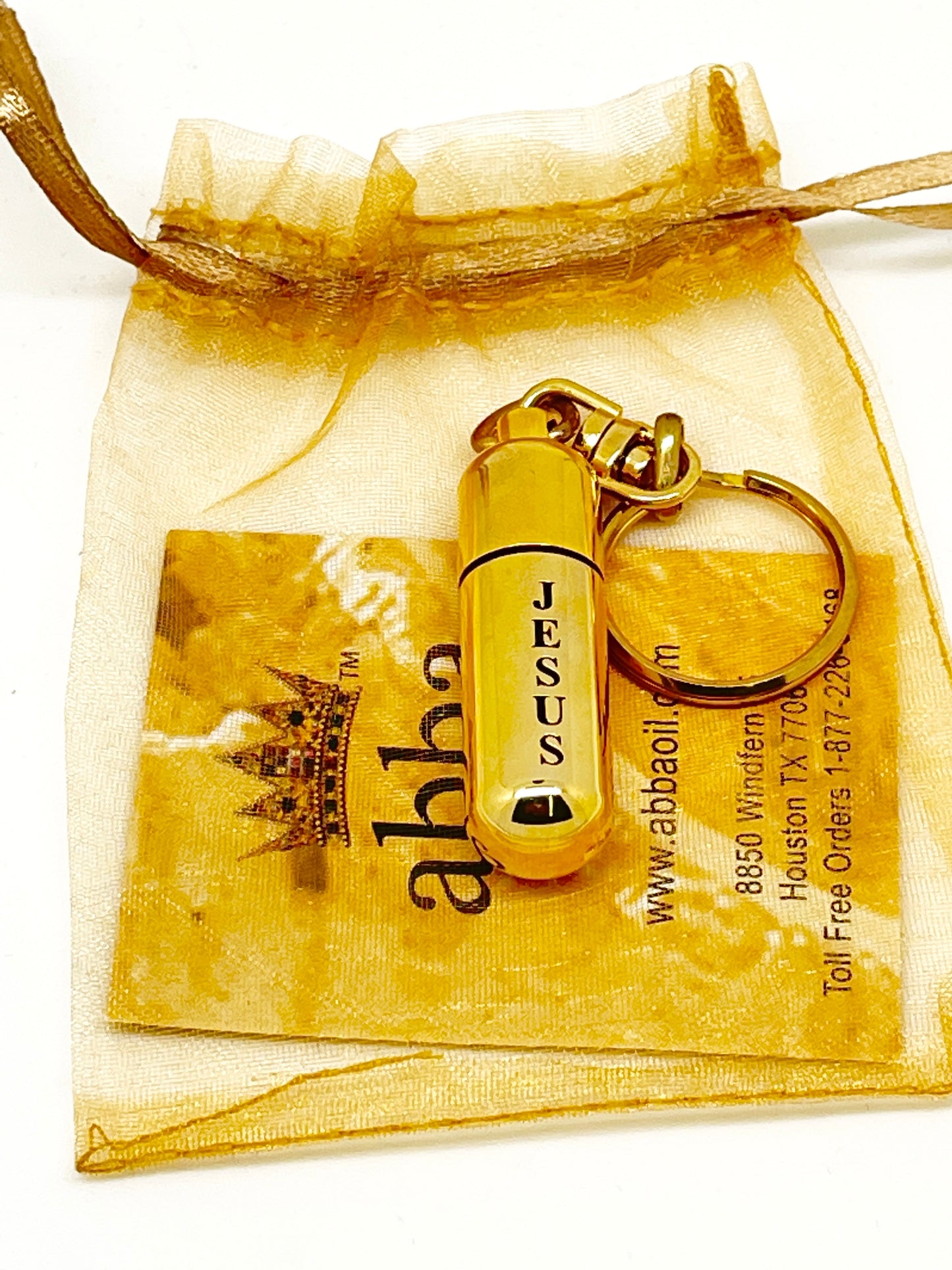 Hyssop in a Gold Tone "Jesus" Keychain and Holy Oil Holder - Unique Catholic Gifts