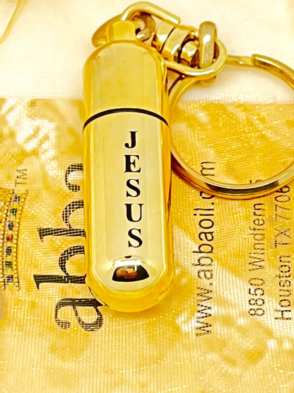 Hyssop in a Gold Tone "Jesus" Keychain and Holy Oil Holder - Unique Catholic Gifts