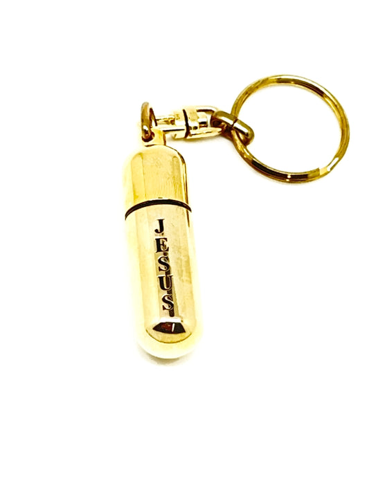 Frankincense Oil in a Gold Tone "Jesus" Keychain and Holy Oil Holder - Unique Catholic Gifts