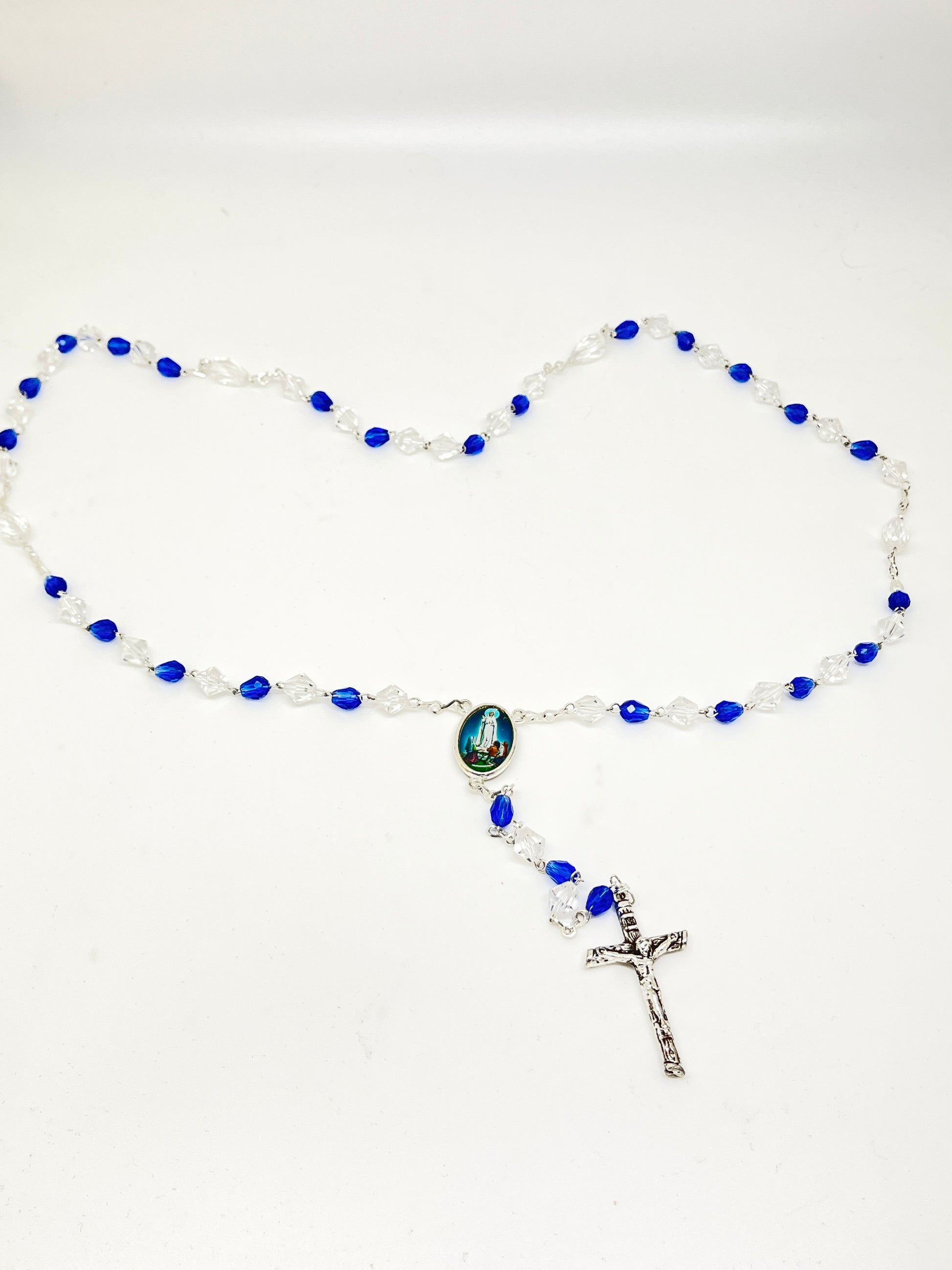 Our Lady of Fatima Blue and Clear Crystal Rosary - Unique Catholic Gifts