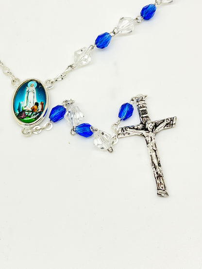 Our Lady of Fatima Blue and Clear Crystal Rosary - Unique Catholic Gifts