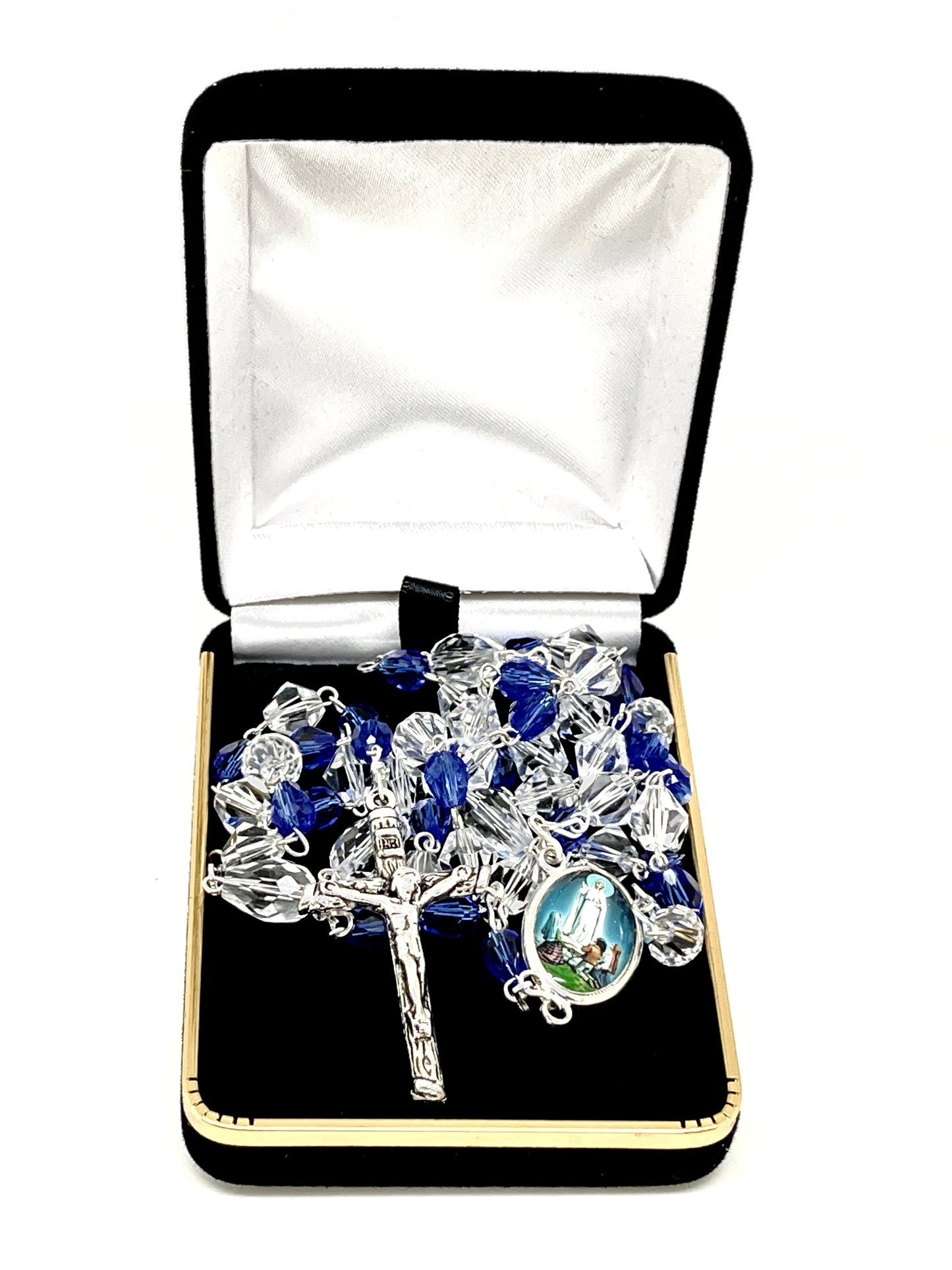 Our Lady of Fatima Blue and Clear Crystal Rosary - Unique Catholic Gifts