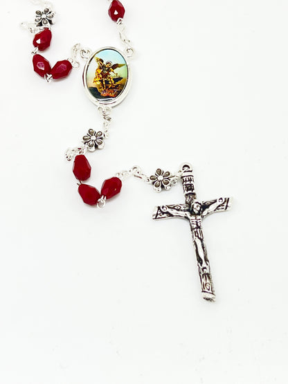 St. Michael Chaplet Silver with Ruby Red Crystal Beads - Unique Catholic Gifts