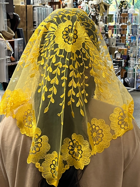 Mustard Yellow Elaina Lace Mantilla Chapel Spanish Veil 51" - Unique Catholic Gifts