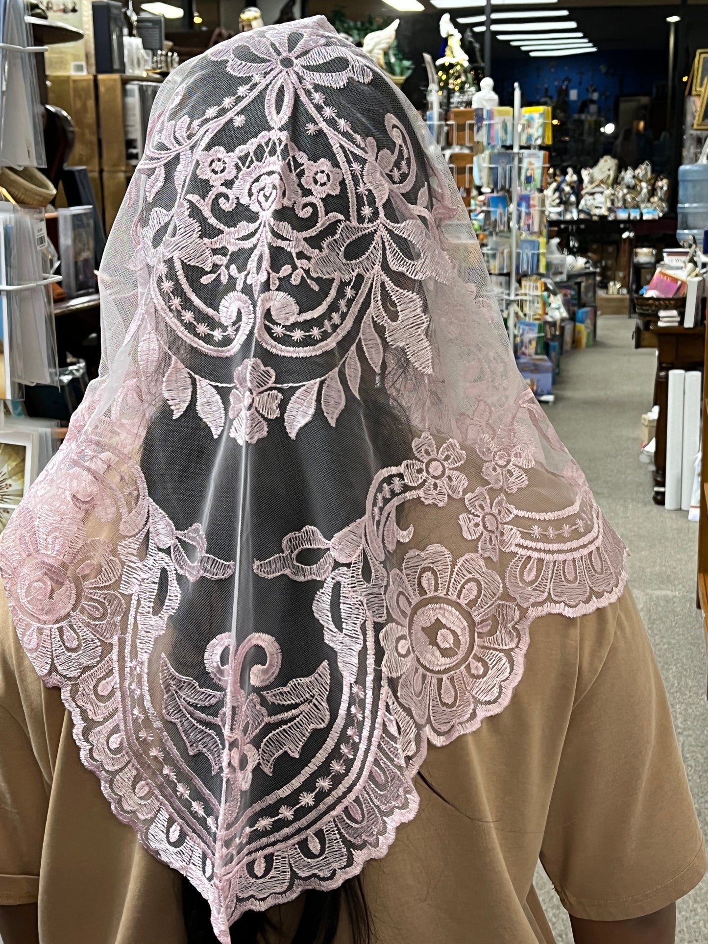 Pink Lilian Lace Mantilla Chapel Spanish Veil 51" - Unique Catholic Gifts