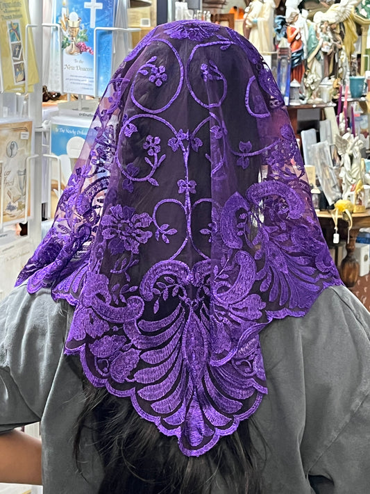 Eggplant Jacinta Lace Mantilla Chapel Spanish Veil 51" - Unique Catholic Gifts