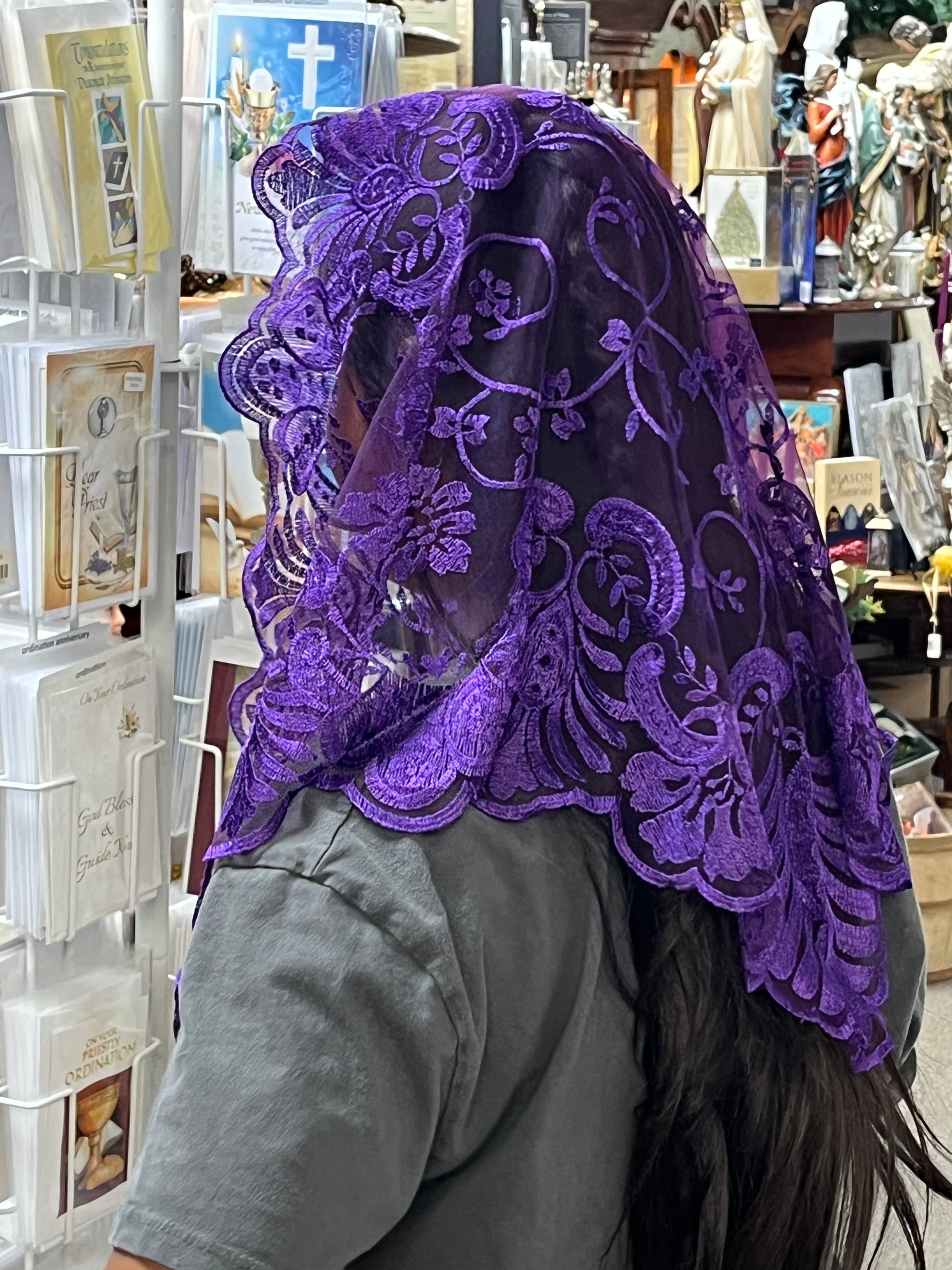 Eggplant Jacinta Lace Mantilla Chapel Spanish Veil 51" - Unique Catholic Gifts