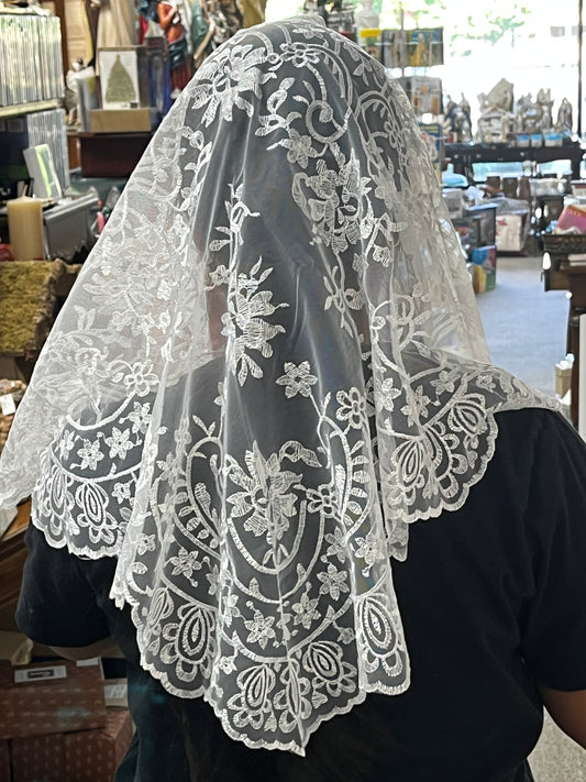 White Lucia Lace Mantilla Chapel Spanish Veil 51" - Unique Catholic Gifts