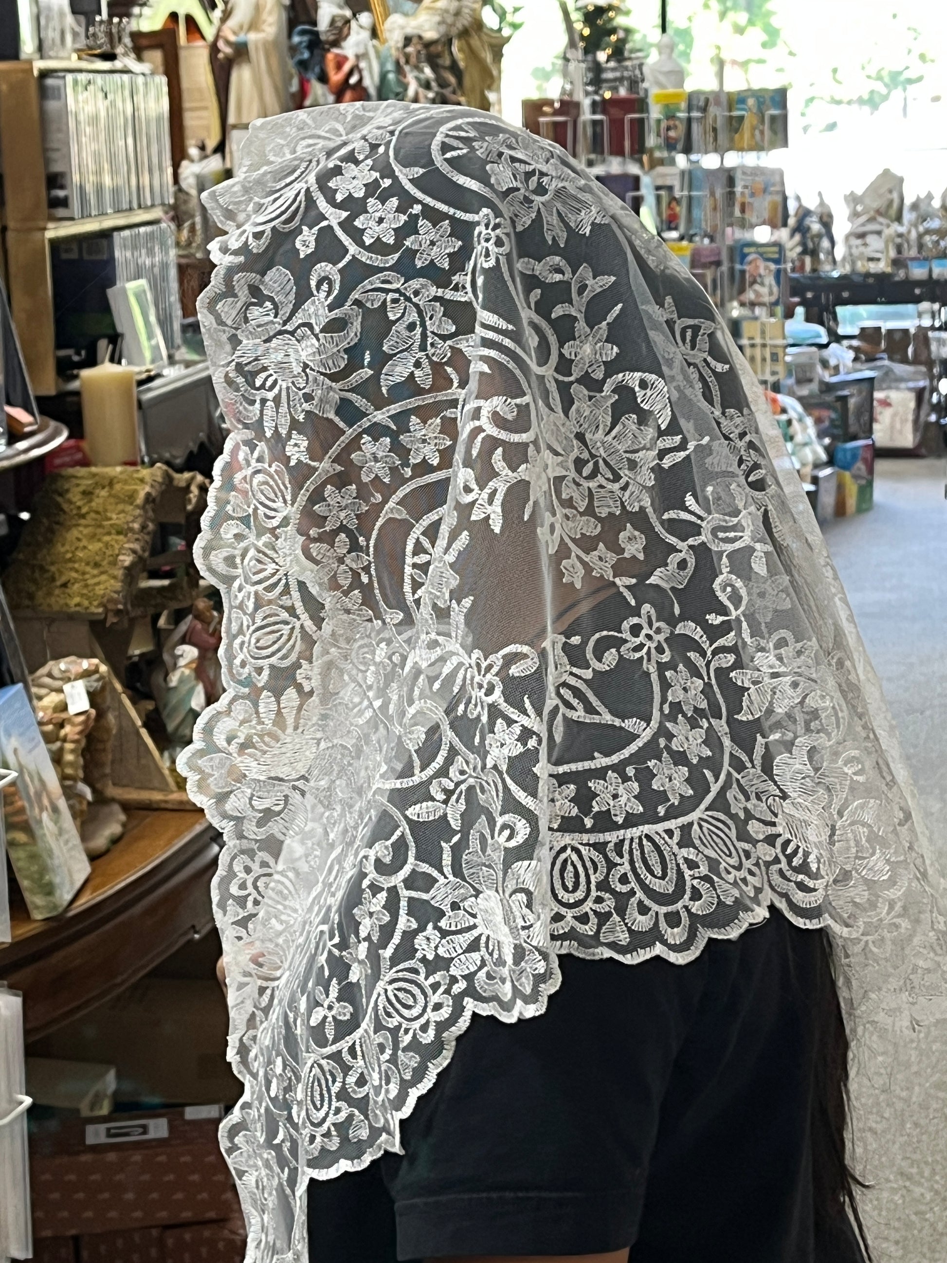 White Lucia Lace Mantilla Chapel Spanish Veil 51" - Unique Catholic Gifts