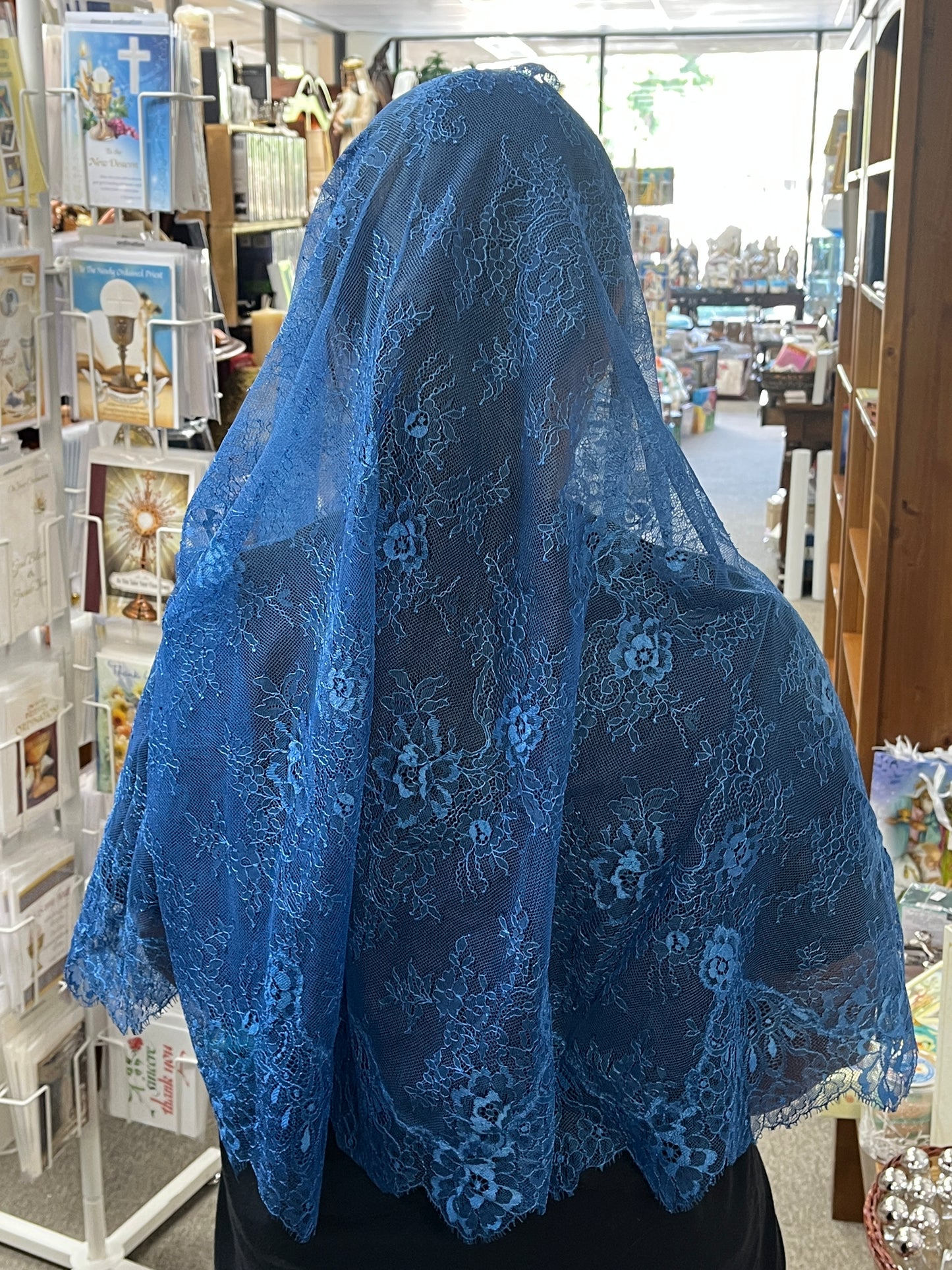 Arabic Blue Sarah Half Circle Lace Mantilla Chapel Spanish Veil 61" - Unique Catholic Gifts