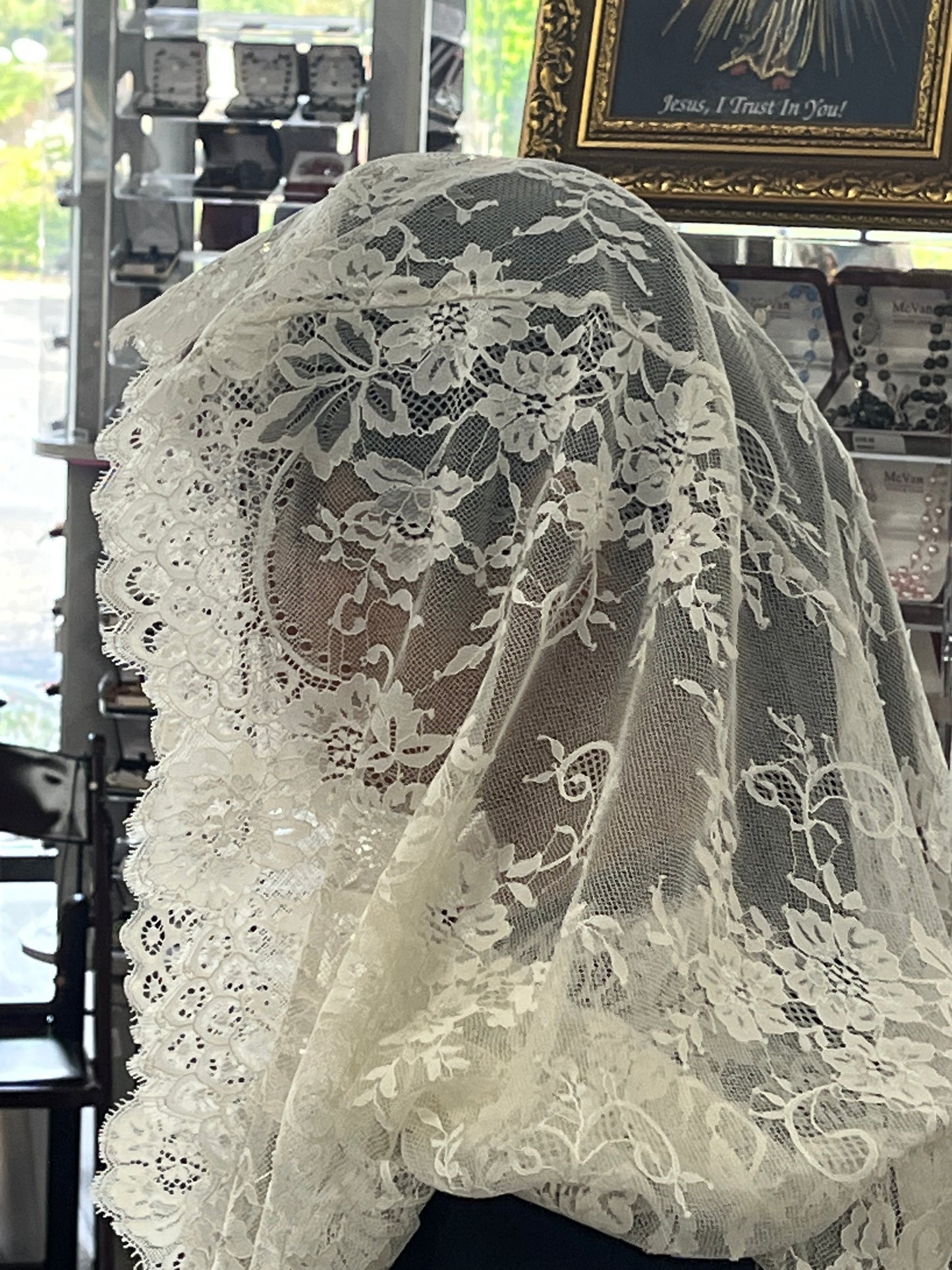 Ivory Victoria  Lace Infinity Chapel Spanish Veil 31" x 36" - Unique Catholic Gifts