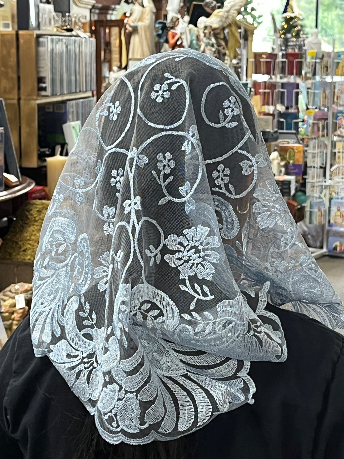 Grey Pastel Blue Jacinta Lace Mantilla Chapel Spanish Veil 51" - Unique Catholic Gifts