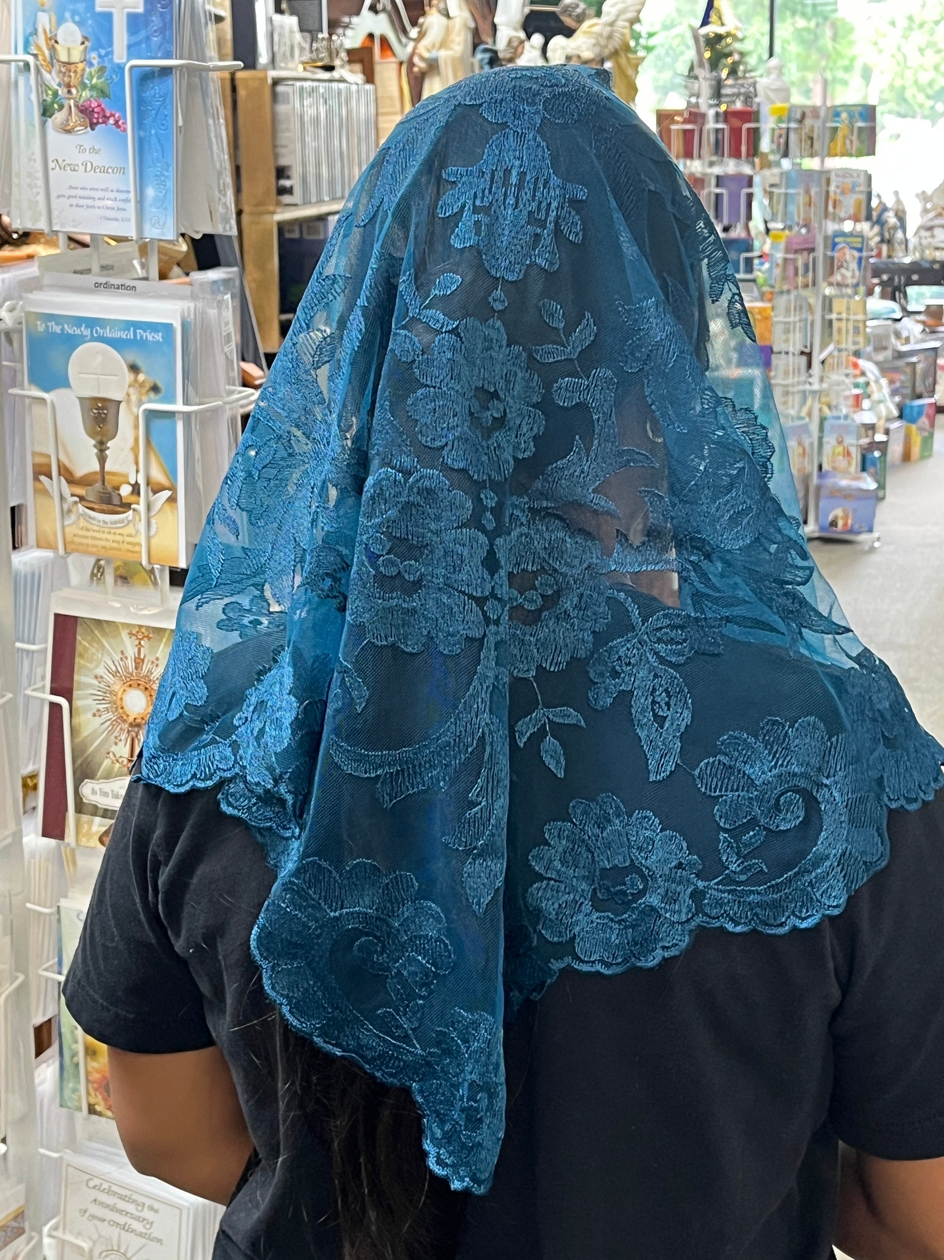 Peacock Olivia Lace Mantilla Chapel Spanish Veil 51" - Unique Catholic Gifts