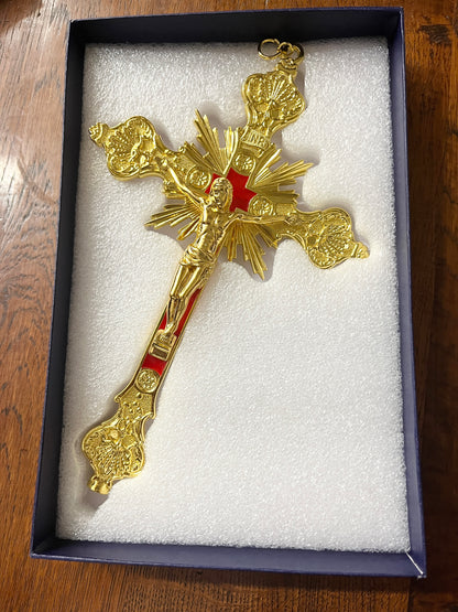 Gold with Red Background Wall Crucifix 9" - Unique Catholic Gifts