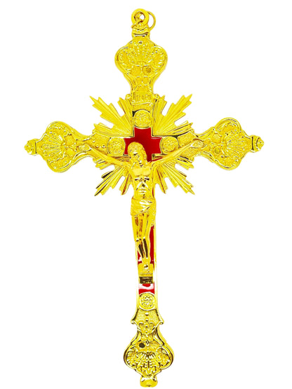 Gold with Red Background Wall Crucifix 9" - Unique Catholic Gifts