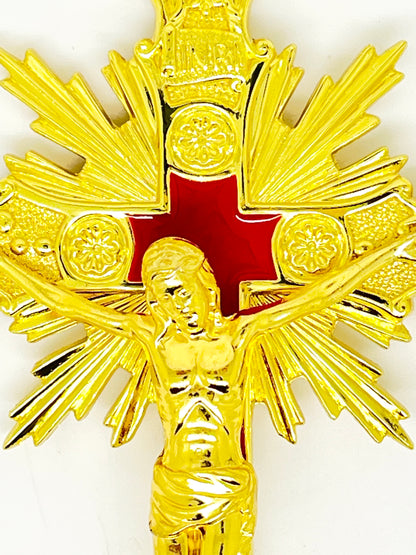 Gold with Red Background Wall Crucifix 9" - Unique Catholic Gifts